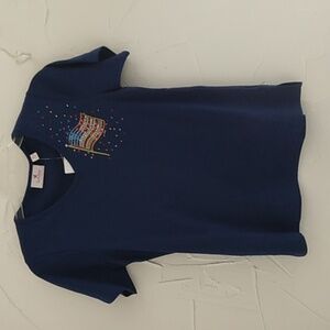 New Quacker Factory XS Blue V Neck US‎ Flag Gemstones & Embroidery T Shirt